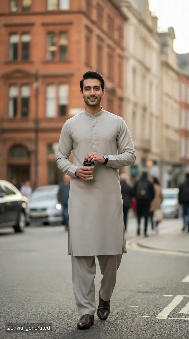 Model wearing Zenvia Marvel light grey unstitched wash and wear men's shalwar kameez suit